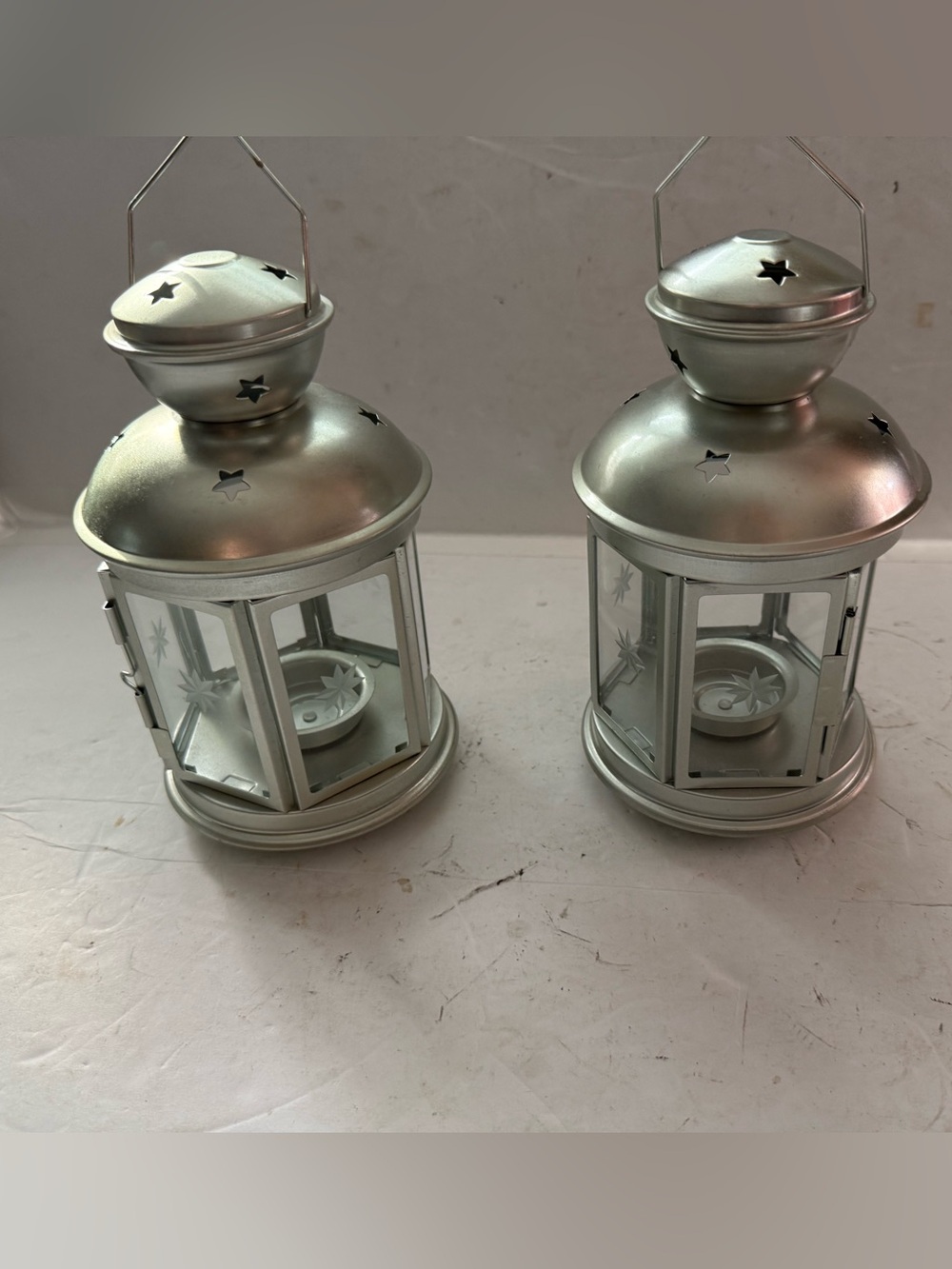 IKEA Silver Star Cut Metal Lantern Pair